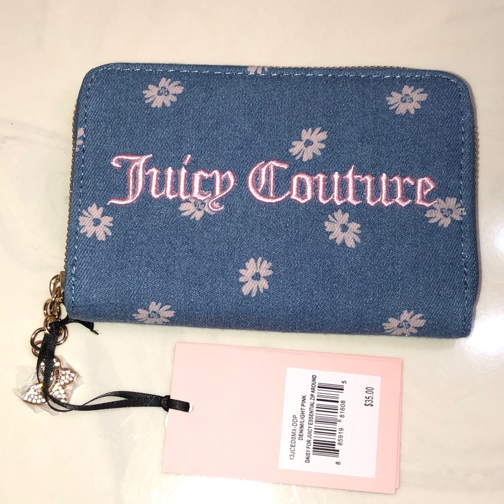 Juicy Couture Denim Light Pink Daisy For Juicy Essential ZA Bifold Wallet NWT